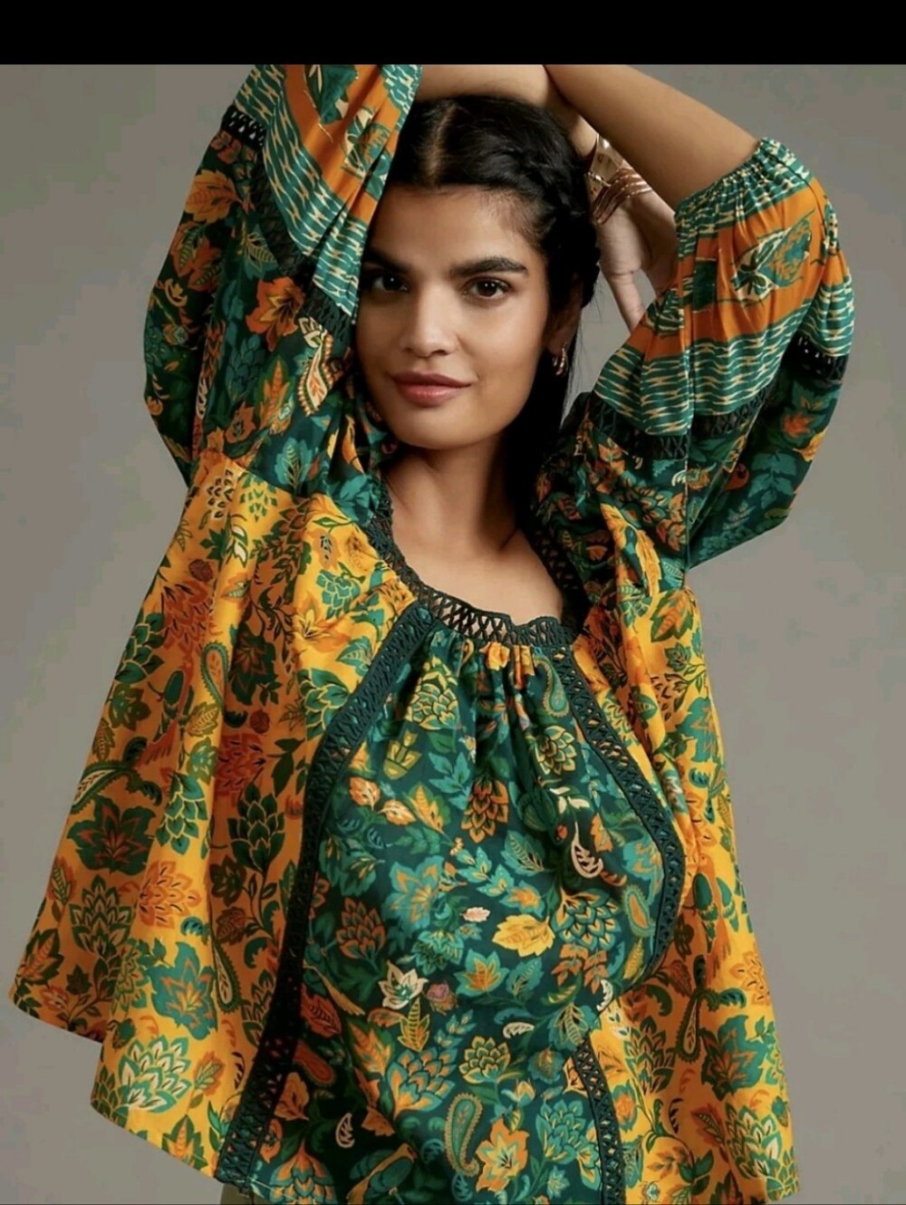 Farm Rio Anthropologie Lace Inset Peasant Blouse | Mixed Floral | Size Small